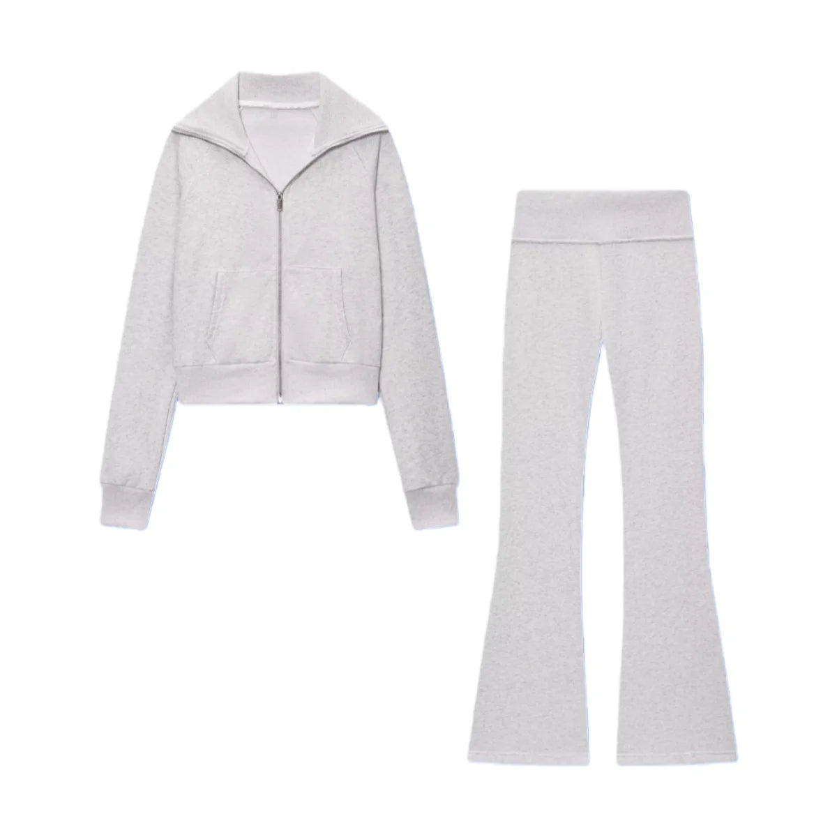 2025 Autumn New Women's Casual Lapel Long-Sleeved Zipper Fleece Jacket + High-Waisted Terry Flared Trousers