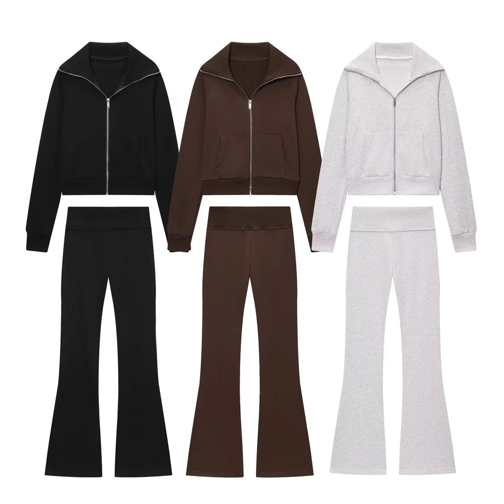 2025 Autumn New Women's Casual Lapel Long-Sleeved Zipper Fleece Jacket + High-Waisted Terry Flared Trousers