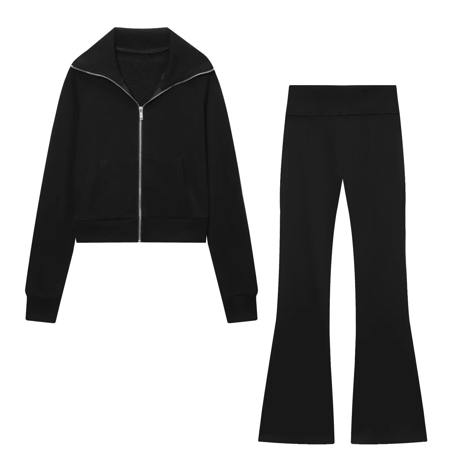 2025 Autumn New Women's Casual Lapel Long-Sleeved Zipper Fleece Jacket + High-Waisted Terry Flared Trousers